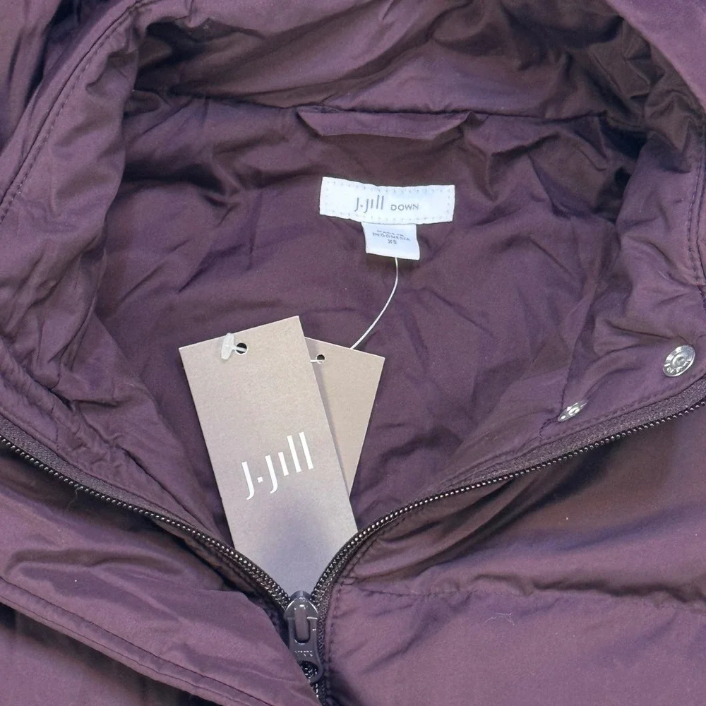 J.Jill Down Hooded Long Puffer Vest Plum Purple Snap Zip Sleeveless NWT XS‎